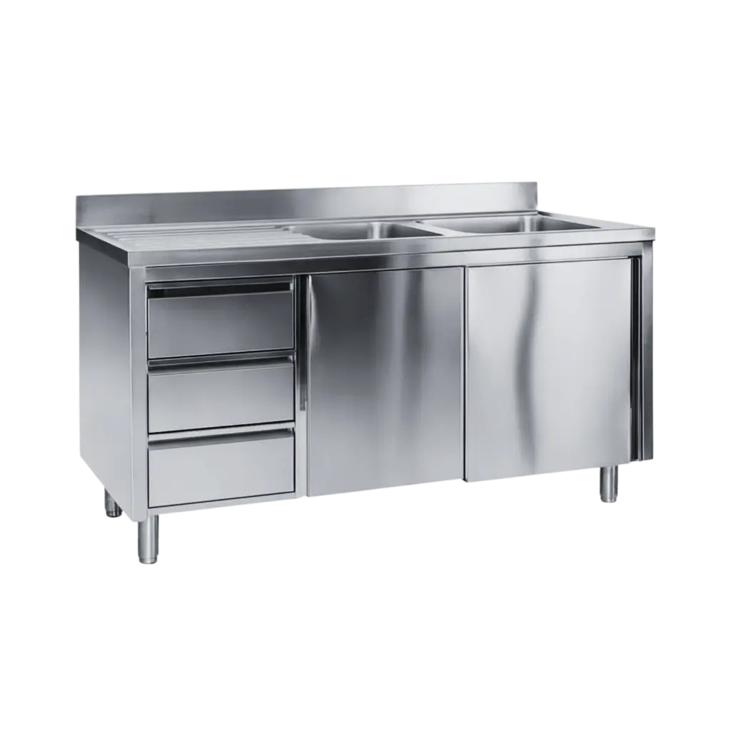 Spülschrank 150cm x 60 cm - 2 Becken rechts Schiebetüren Schubladen links inkl. Rücksprung mit Aufkantung