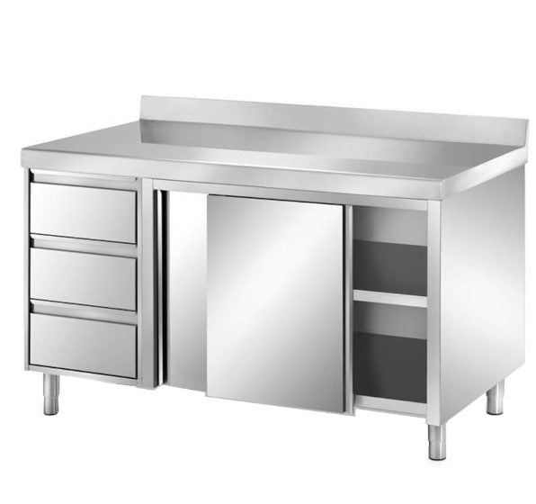 Edelstahl Arbeitsschrank mit 10 cm Aufkantung mit Schubladen links 200x70cm