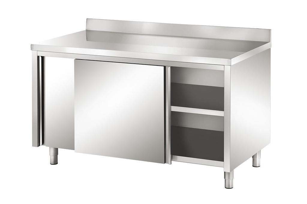 Edelstahl Arbeitsschrank mit 10 cm Aufkantung und Schiebetüren 140x70cm