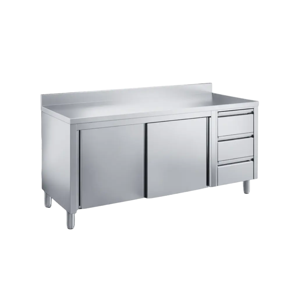 Edelstahl Arbeitsschrank mit 10 cm Aufkantung mit Schubladen rechts 140x70cm
