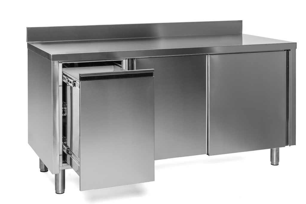 Edelstahl Arbeitsschrank mit 10 cm Aufkantung und Schiebetüren Abfallbehälter Links 120cm x 60cm