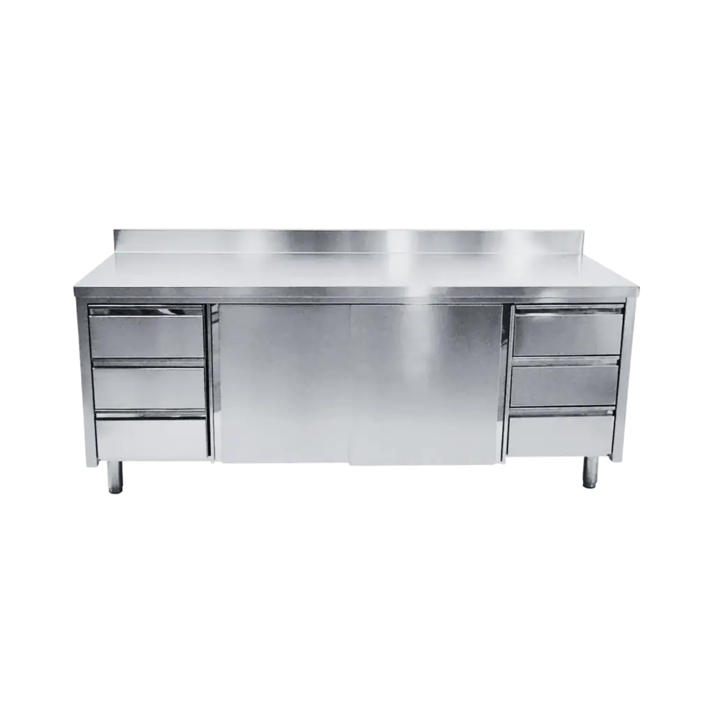 Edelstahl Arbeitsschrank mit 10 cm Aufkantung mit Schubladen links und rechts 160x70cm