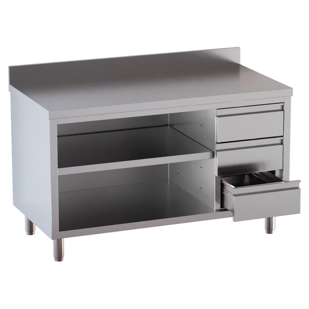 Edelstahl Arbeitsschrank mit 10 cm Aufkantung mit Schubladen rechts 140x60cm