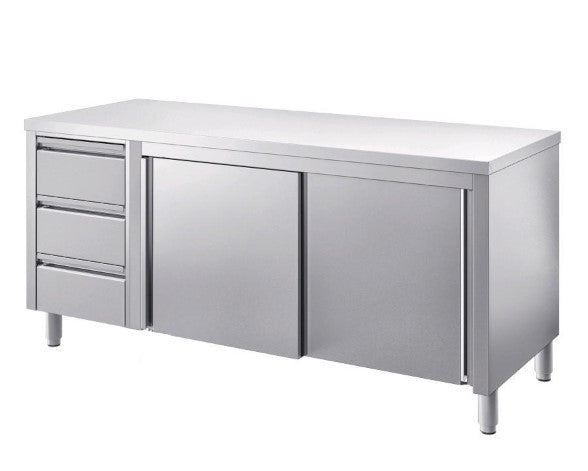 Edelstahl Arbeitsschrank ohne Aufkantung mit Schiebetüren und Schubladen links 180x70cm