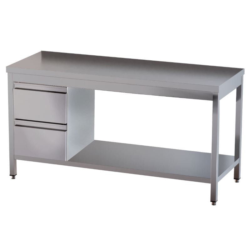 Edelstahl Arbeitstisch 1,8 x 0,7 m - Grundboden 2 Schubladen links