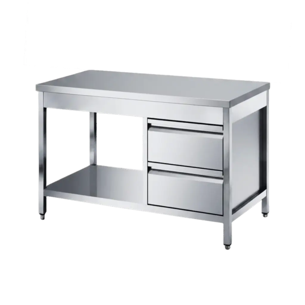 Edelstahl Arbeitstisch 1,6 x 0,7 m - Grundboden 2 Schubladen rechts