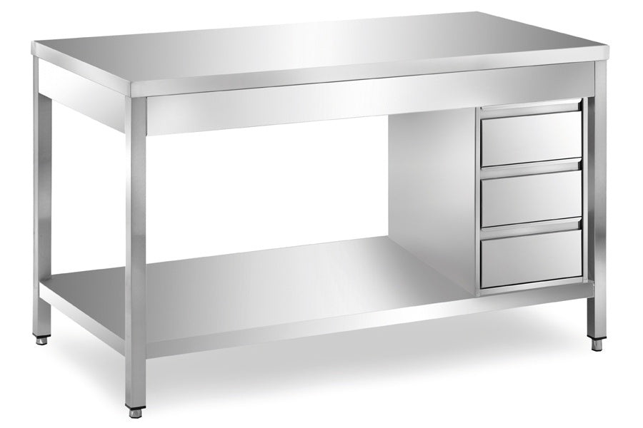 Edelstahl Arbeitstisch 1,5 x 0,6 m - Grundboden Schubladenblock rechts