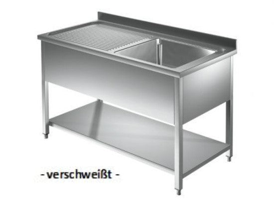 Edelstahl Spültisch 1,5 x 0,7 m - 1 Becken rechts Grundboden verschweißt inkl. Rücksprung