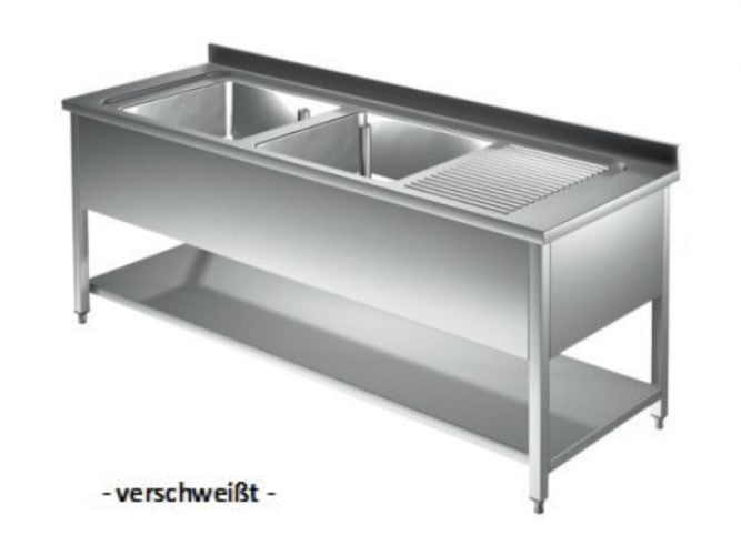 Edelstahl Spültisch 1,5 x 0,6 m - 2 Becken links Grundboden verschweißt inkl. Rücksprung