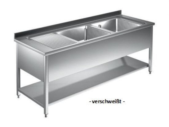 Edelstahl Spültisch 2,0 x 0,7 m - 2 Becken rechts Grundboden verschweißt inkl. Rücksprung