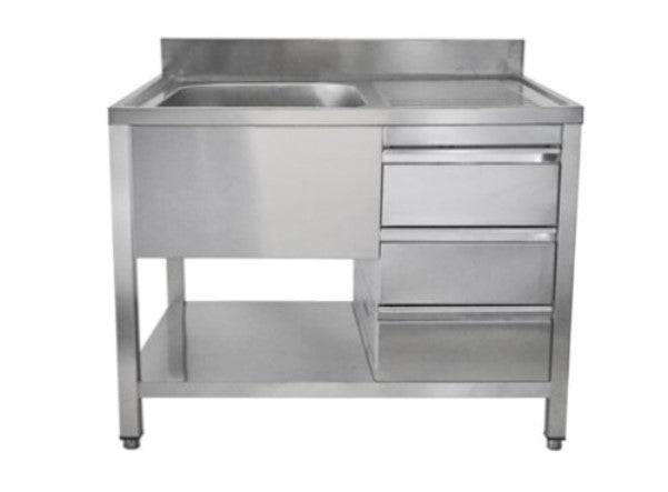 Edelstahl Spültisch 1,4 x 0,6 m - 1 Becken links Grundboden Schubladen rechts inkl. Rücksprung