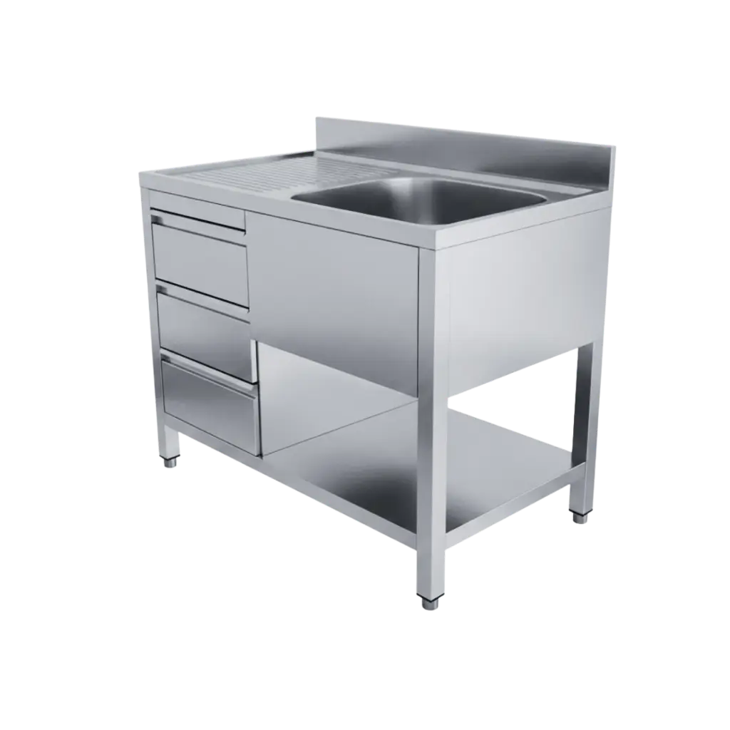 Edelstahl Spültisch 1,6 x 0,7 m - 1 Becken links Grundboden Schubladen rechts inkl. Rücksprung