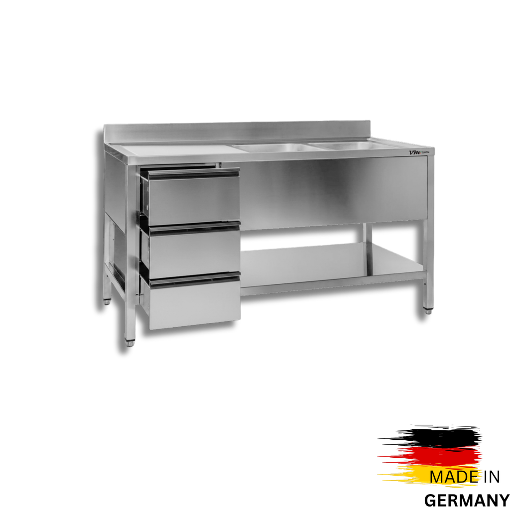 Edelstahl Spültisch 1,4 x 0,7 m - 2 Becken rechts Grundboden Schubladen links inkl. Rücksprung